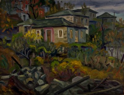 Zagora, Houses in Foreground, Stones from Ruins — Oil painting, Canvas, 50.00×65.00cm — Theodoros Markellos